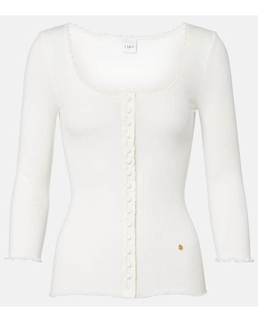Chloé White Lace-Trimmed Ribbed-Knit Cotton Cardigan