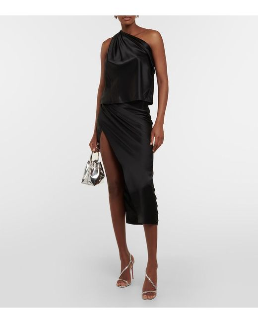 The Sei Black Draped One-Shoulder Silk Satin Top