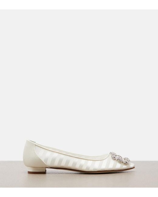 Manolo Blahnik White Hangisi Embellished Organza Ballet Flats