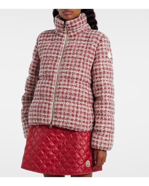 Moncler Red Andronne Checked Tweed Down Jacket