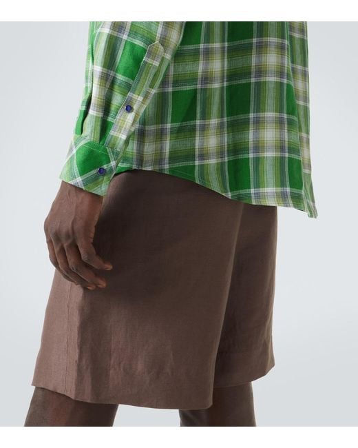 God's True Cashmere Green Harbor Plaid Linen Shirt With Lapis Lazuli for men