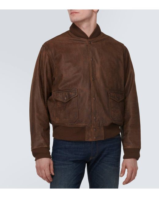 RRL Brown Leather Bomber Jacket for men