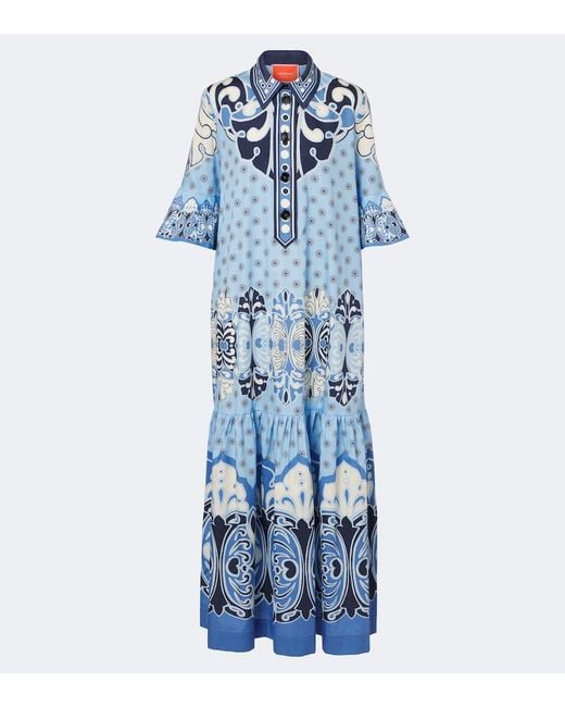 LaDoubleJ Blue Artemis Printed Cotton Poplin Maxi Dress
