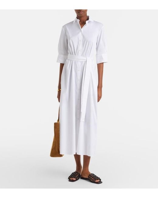 Max Mara White Cognac Cotton-Blend Midi Dress