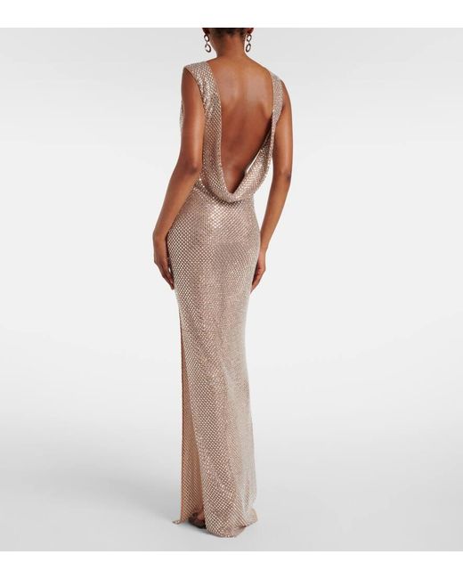 Self-Portrait Metallic Rhinestone Draped Open-Back Maxi Dress