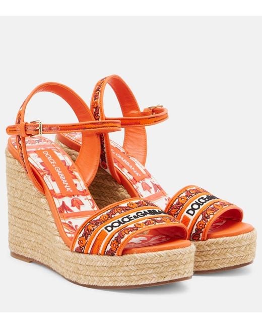Dolce & Gabbana Orange Embroidered Floral Espadrille Wedges