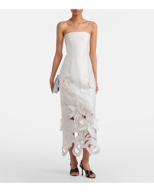 LEO LIN White Rayna Floral-Applique Linen-Blend Bustier Gown