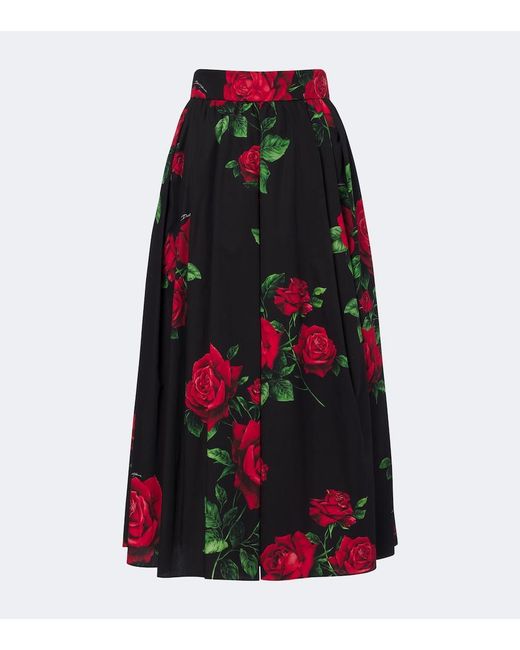 Dolce & Gabbana Red Floral Cotton Poplin Midi Skirt
