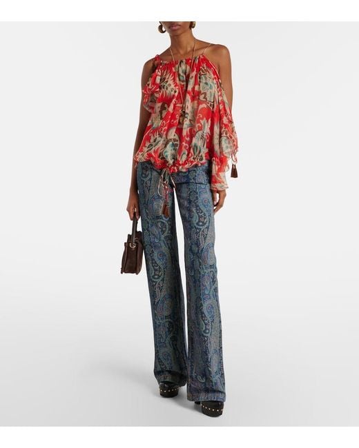 Etro Red Printed Ruffled Silk Top