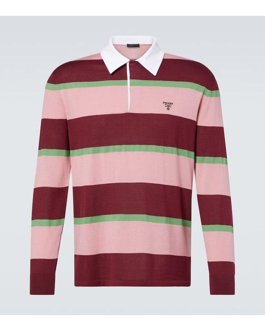 Polo De Seda Y Algodon A Rayas Prada de hombre de color Red