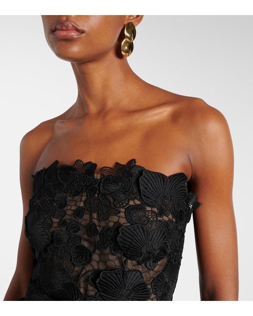 Oscar de la Renta Black Floral Lace Bustier Gown