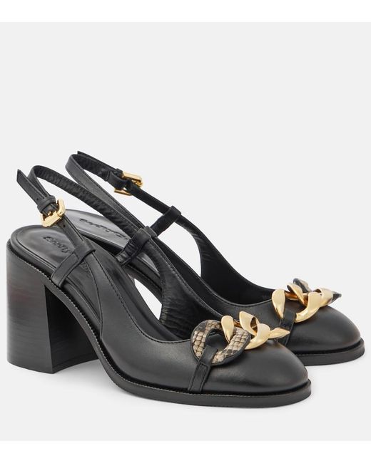 See By Chloé Black Chain Line Leather Slingback Pumps