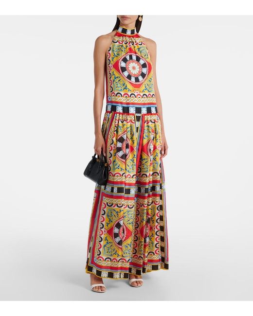 Dolce & Gabbana White Taormina Printed Halterneck Silk Gown