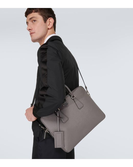Prada Gray Saffiano Leather Briefcase for men