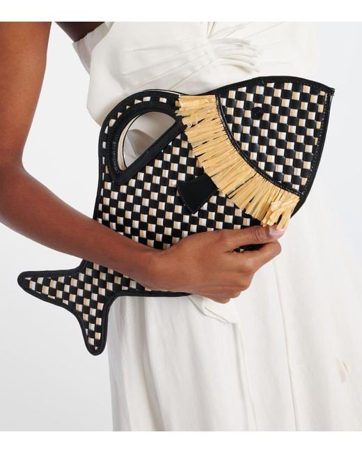 Staud Black Tote Cleo Aus Leder Und Raffiabast