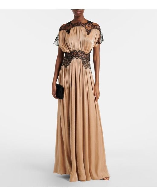 Costarellos Natural Lace-Trimmed Lurex Georgette Gown