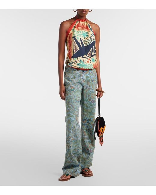 Etro Green Printed Halterneck Silk Top