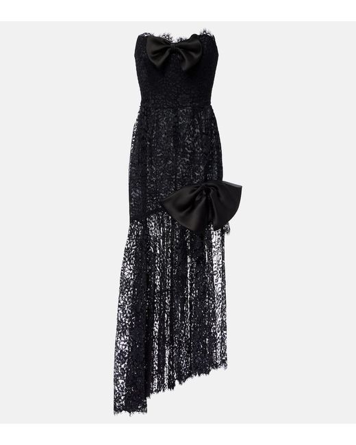 Alessandra Rich Black Bow-Detail Asymmetric Lace Bustier Dress
