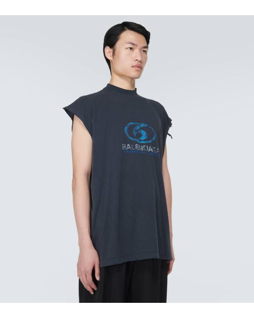 Balenciaga Blue Printed Cotton Jersey T-shirt for men