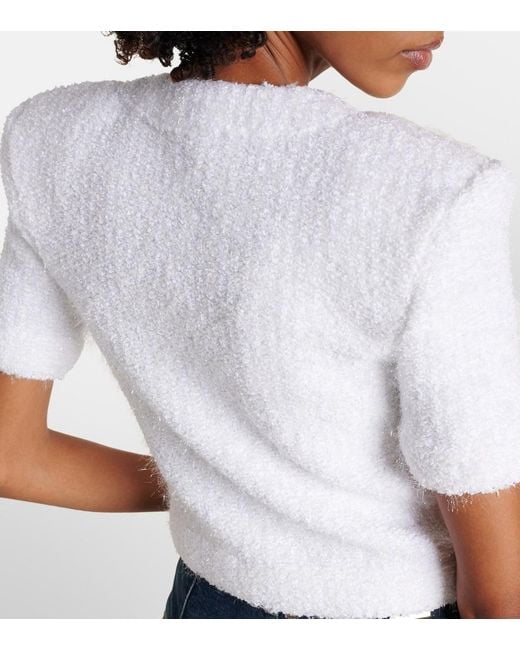 Balmain White Pointelle Ribbed Cropped Cardigan