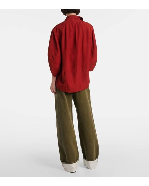 Bottega Veneta Red Oversized Leather-Trimmed Cotton-Blend Crepe Blouse