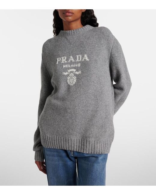 Prada Gray Logo Intarsia Wool And Cashmere Sweater