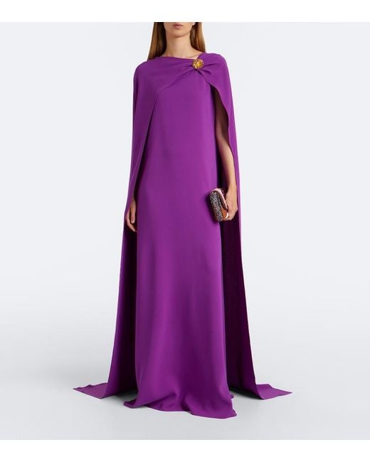 Oscar de la Renta Purple Embellished Caped Silk-Blend Georgette Gown