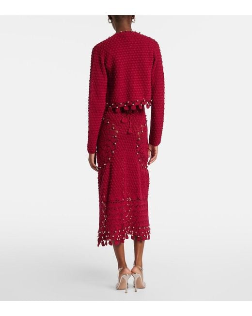 Rabanne Red Embellished Crochet Cotton Midi Skirt