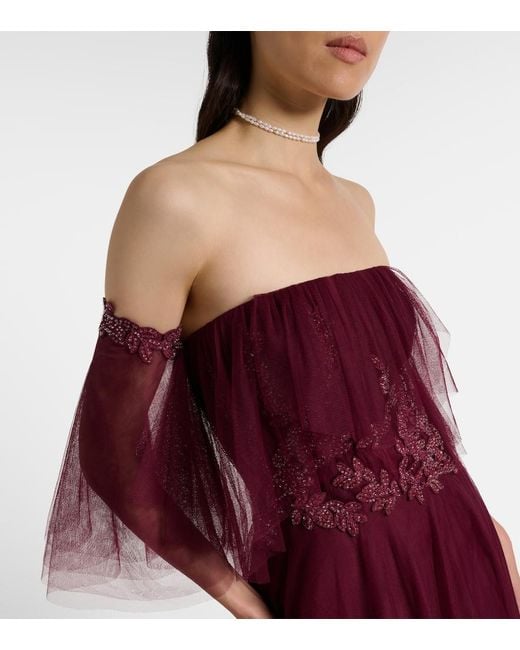 Costarellos Purple Embellished Off-Shoulder Tulle Gown
