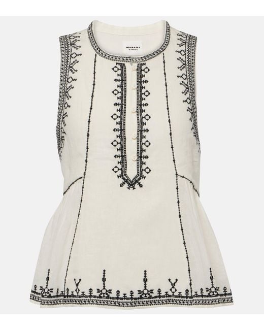 Isabel Marant Natural Pagos Embroidered Cotton Top