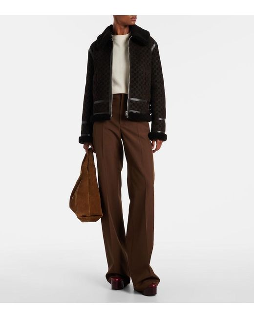 Gucci Black Gg Shearling-Trimmed Leather Jacket