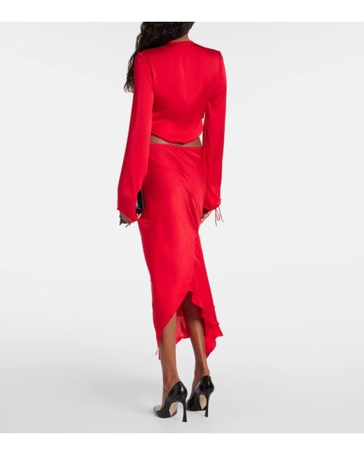 Acne Red Deconstructed Cutout Silk Midi Skirt