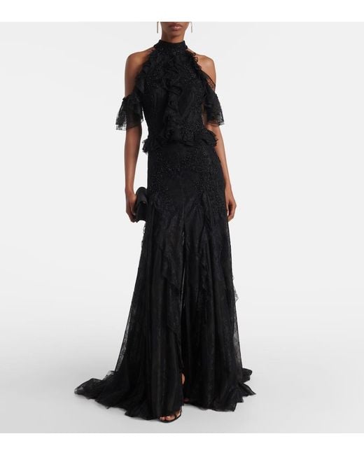 Costarellos Black Halterneck Lace Gown
