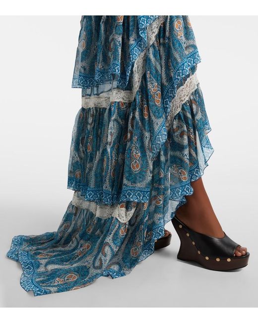 Etro Blue Paisley Lace-Trimmed Ruffled Silk Maxi Dress