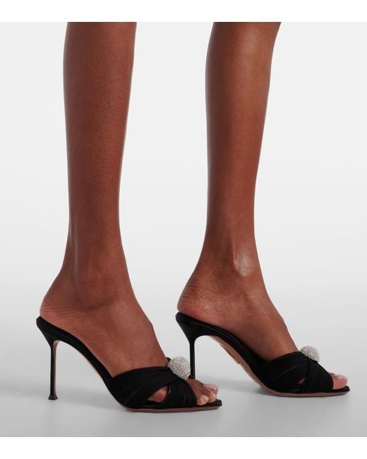 Aquazzura Black Mystery 85 Embellished Leather-Trimmed Satin Mules