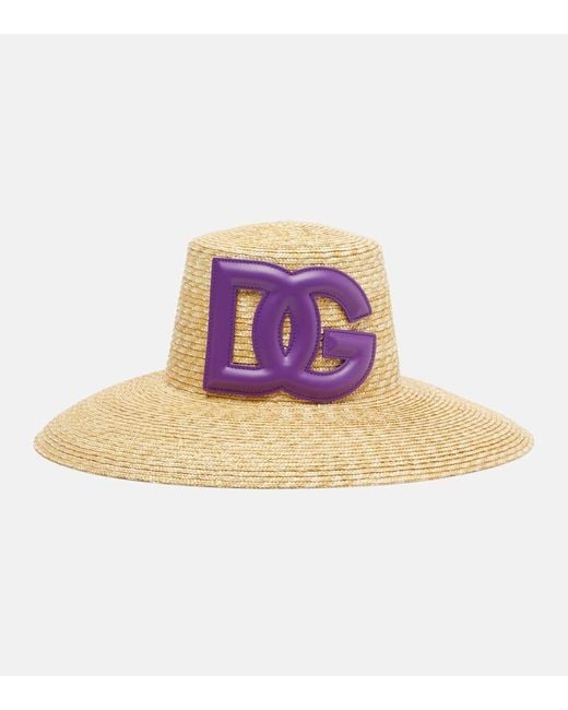 Dolce & Gabbana Pink Dg Leather-Trimmed Straw Sun Hat