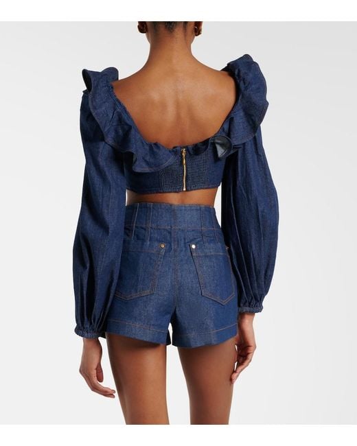 Zimmermann Blue Aster Ruffled Denim Crop Top