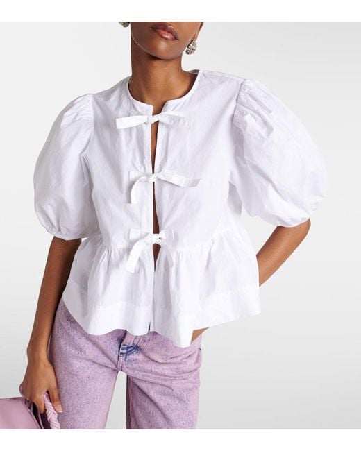 Ganni White Bow-Detail Cotton Poplin Blouse