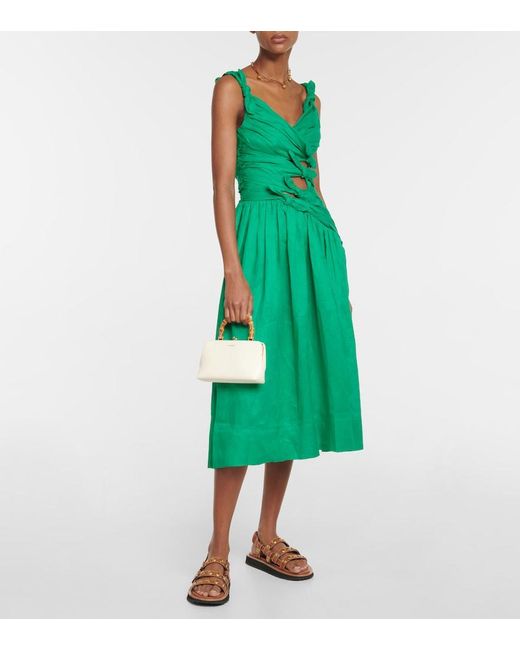 Zimmermann Green Tiggy Bow-Detail Pleated Midi Dress
