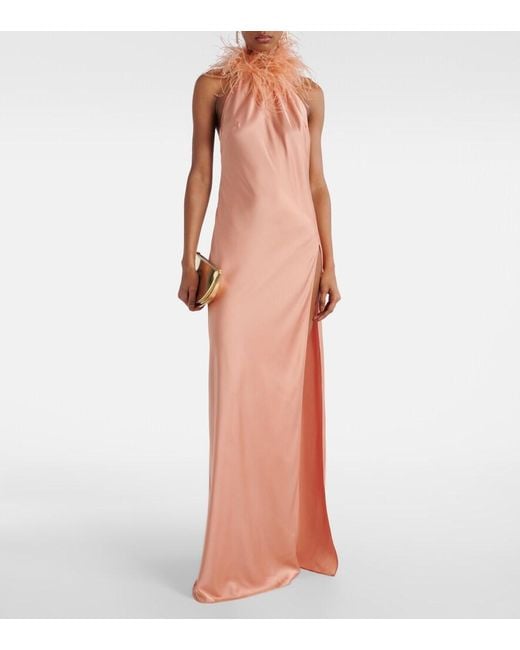 The New Arrivals Ilkyaz Ozel Orange Robe Jazzy Aus Satin Mit Federn