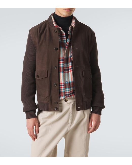 Slowear Brown Cotton-Trimmed Suede Bomber Jacket for men