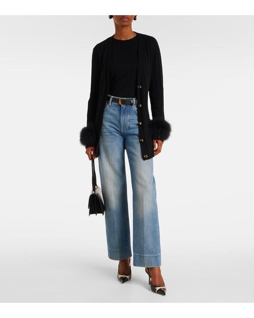Valentino Black Feather-Trimmed Virgin Wool Cardigan
