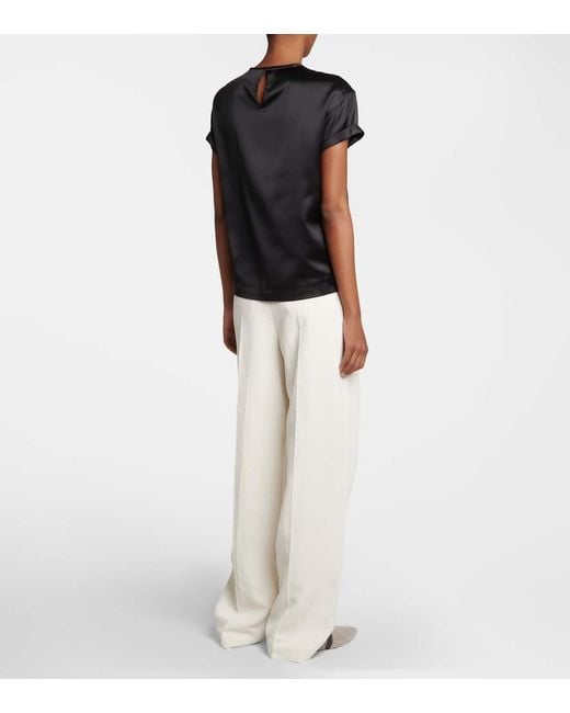 Brunello Cucinelli Black Embellished Silk-Blend Satin T-Shirt