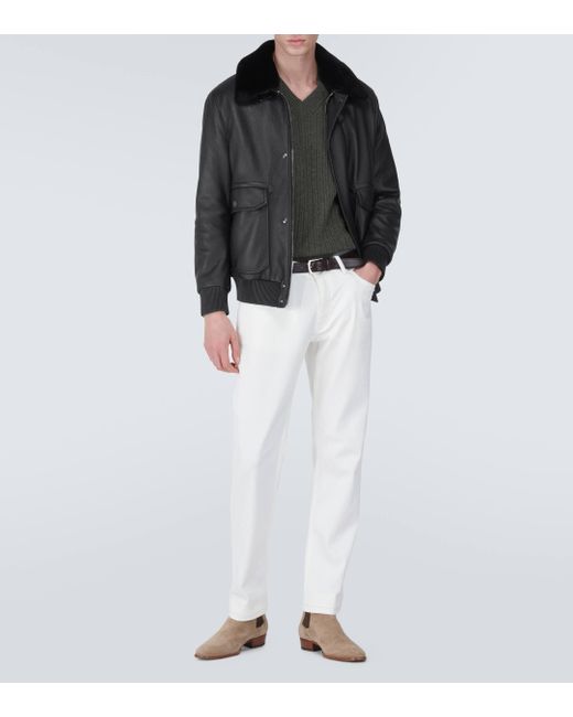 Brioni Black Shearling-Trimmed Leather Bomber Jacket for men