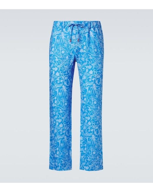 Kiton Blue Printed Linen Pants for men