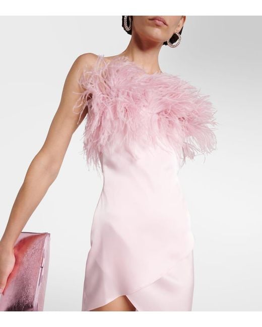 David Koma Pink Feather-Trimmed Satin Midi Dress