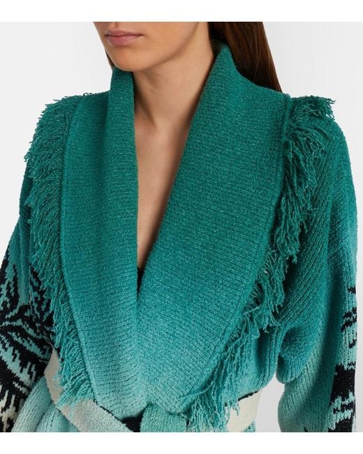 Alanui Green Wave Bloom Fringed Cotton-Blend Jacquard Cardigan
