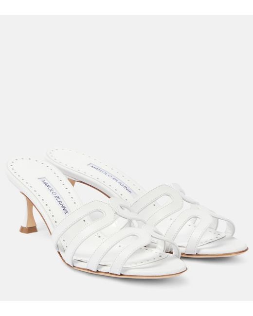 Manolo Blahnik White Ahwak 50 Leather Mules