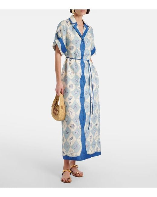 Vestido Camisero Pia De Lino Estampado ALÉMAIS de color Blue