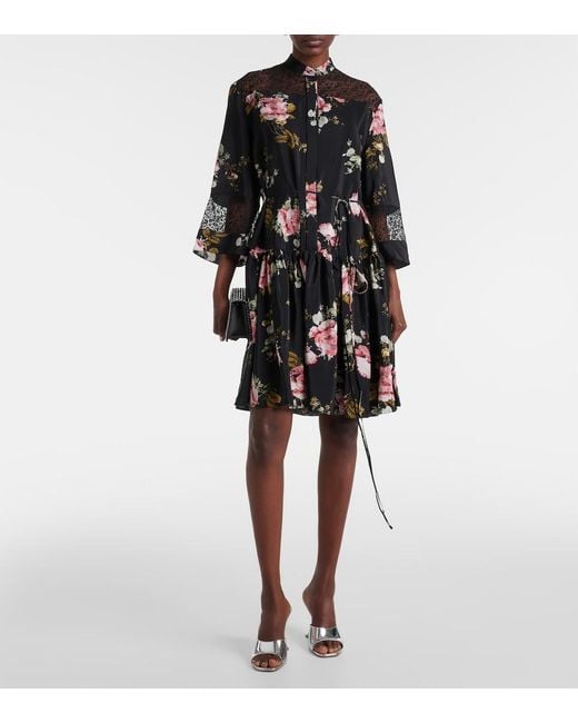 Erdem Black Floral Silk Crepe De Chine Minidress